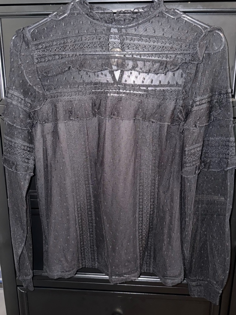 Express Sheer Black Swiss Dot Ruffle Yoke Blouse